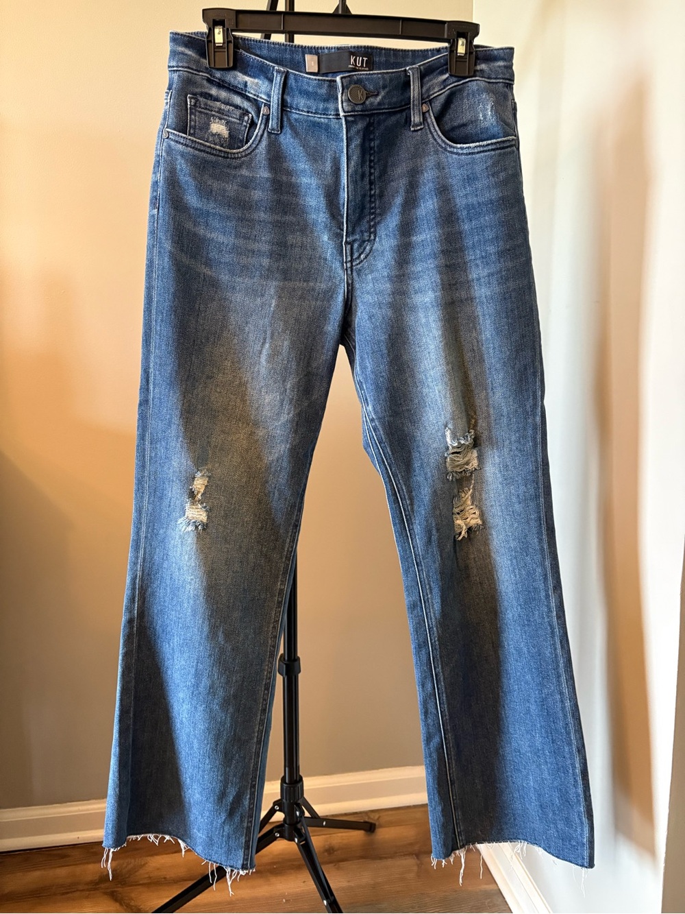 Kut from the Kloth Size 8 Kelsey Ankle Flare Distressed Blue Jeans